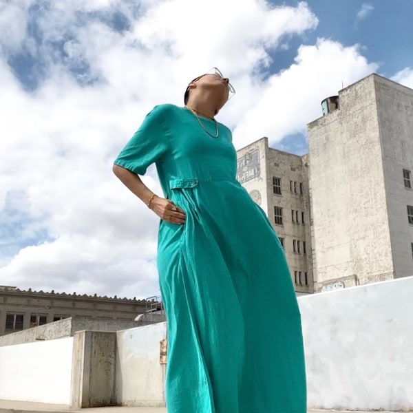 Vestido camisa de algodón verde azulado vintage de los 90 de Color Me Mine