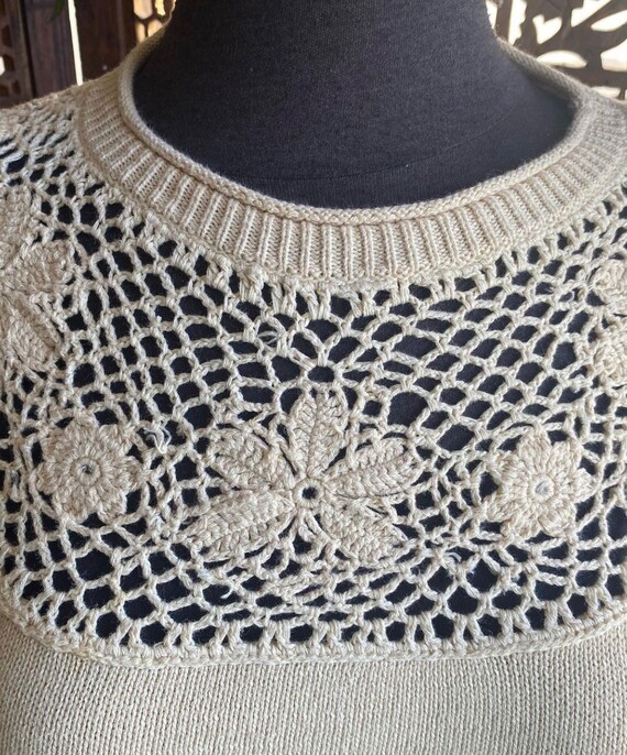 Vintage 90s ivory knit sweater with beautiful nec… - image 3