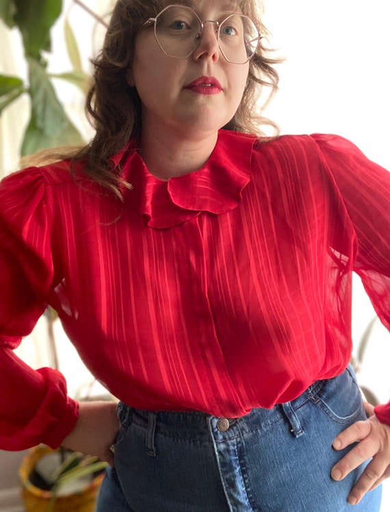 Vintage 80s red sheer button up blouse by La Blou… - image 2