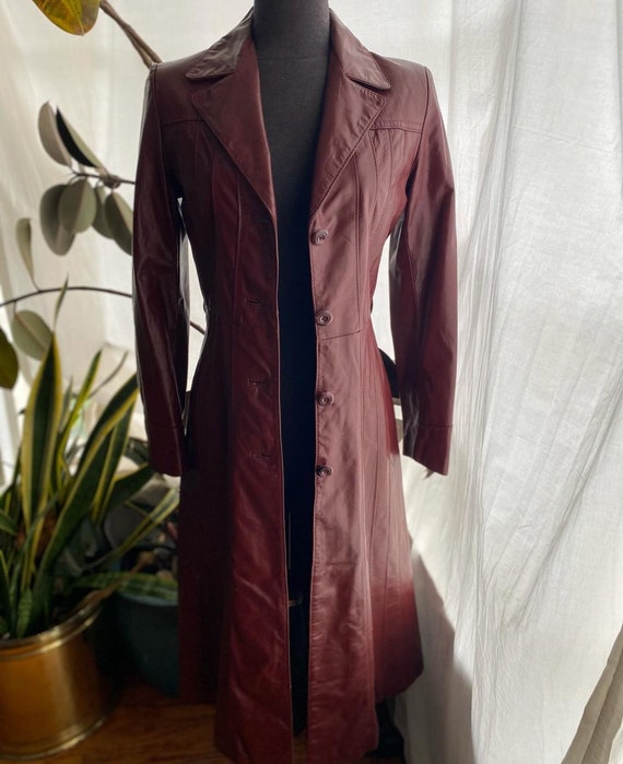 Vintage 80/90s burgundy leather midi trench jacke… - image 5