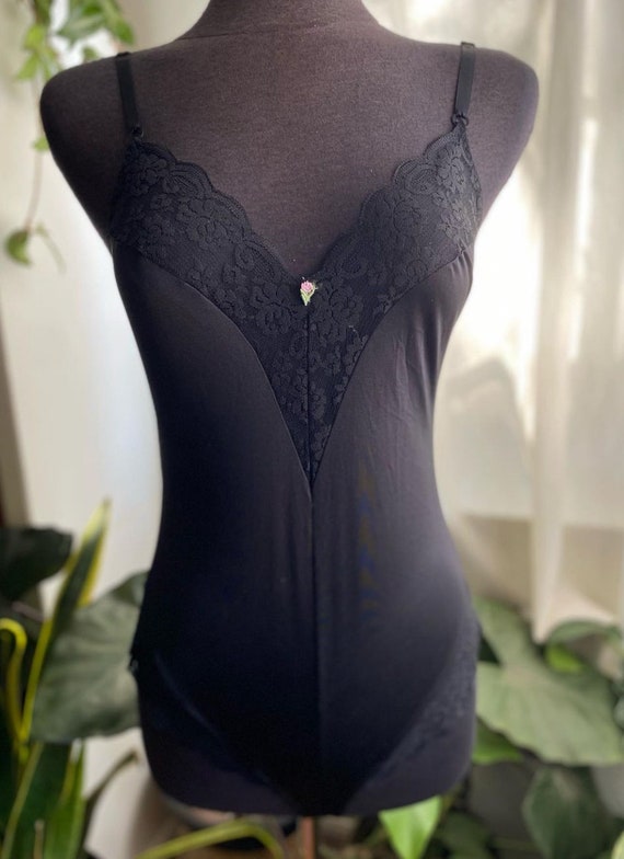 Vintage 80s black nylon and lace teddie by Chantil