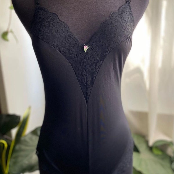 Vintage 80s black nylon and lace teddie by Chantilly Maidenform