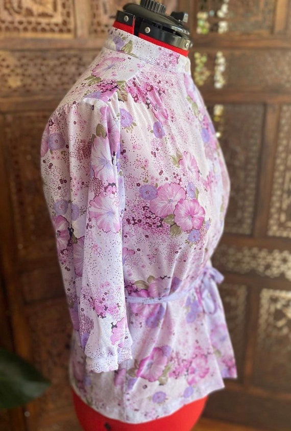 Vintage 70s  semi-sheer purple floral top with ma… - image 3