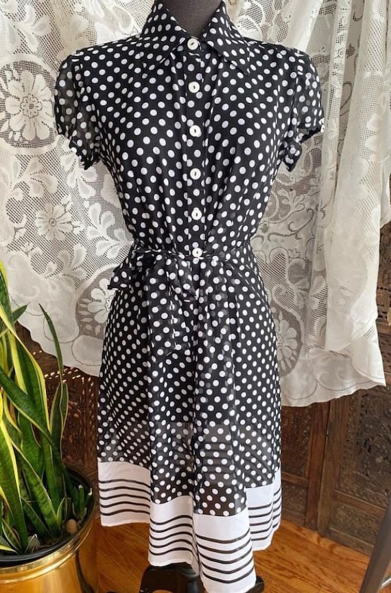 Vintage 90s sheer black and white polka dot dress… - image 1