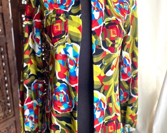 Blusa floral cubista vintage de los años 70 con frente abierto de Paul Stanley