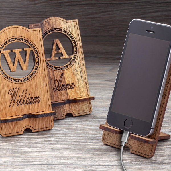 Personalised wooden phone holder, Named wooden cell phone stand, Phone holder, Tablet stand, Phone stand for desk, 5th anniversary gift