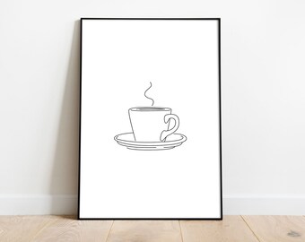 Coffee Cup, Printable Coffee, Single Line Drawing, Coffee Wall Art, Printable Wall Art, Cup Poster, Coffee, Kitchen Decor, Coffee Cup Art