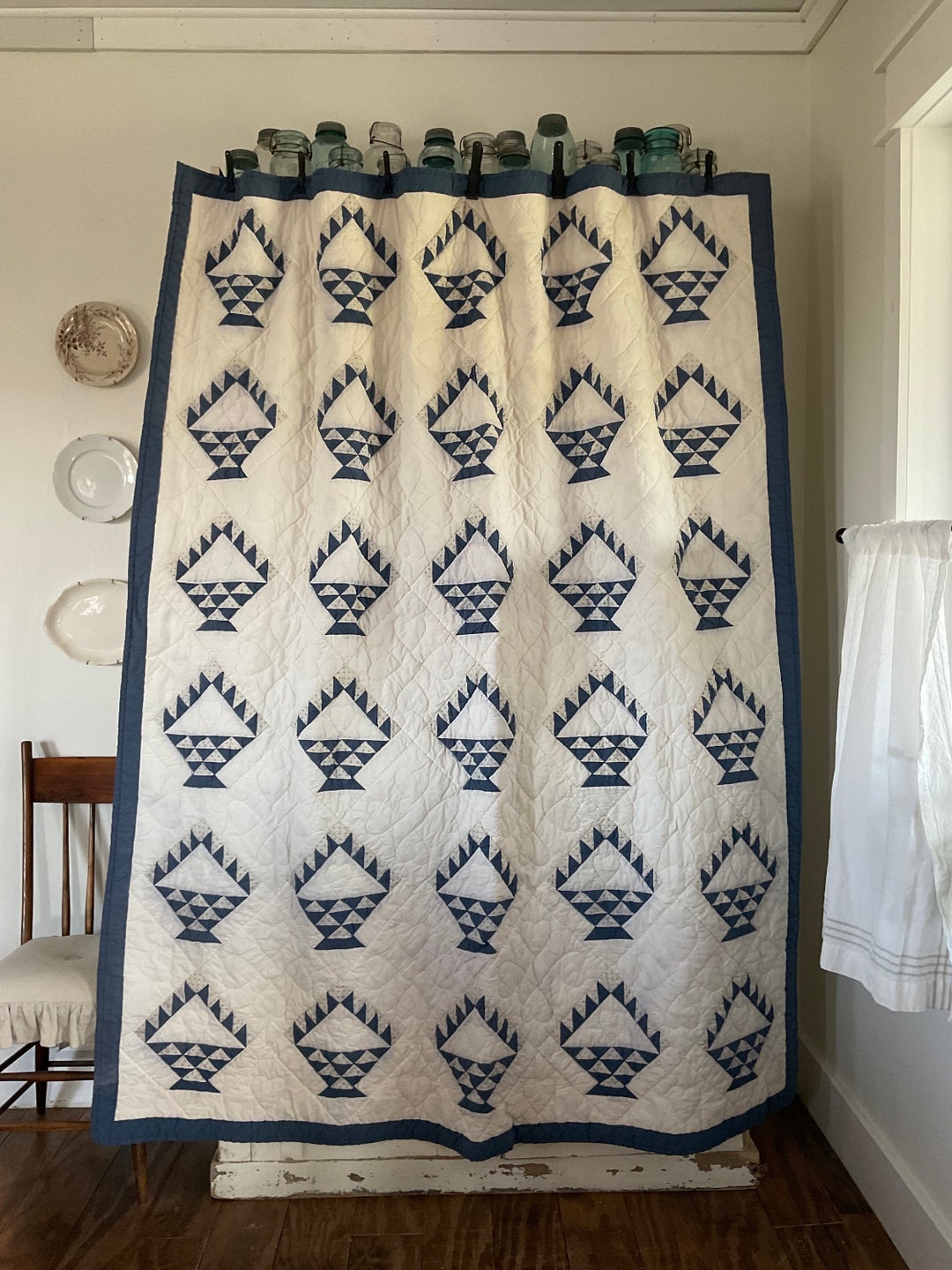 Blue Vintage Quilt, Vintage Handmade Basket Quilt, Vintage Basket Quilt ...