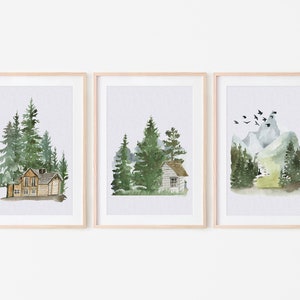 Watercolor Art Set of 12 | Watercolor landscape painting print | Evergreen Pine Trees | Mountains Evergreen Trees | Nature Wall Art
