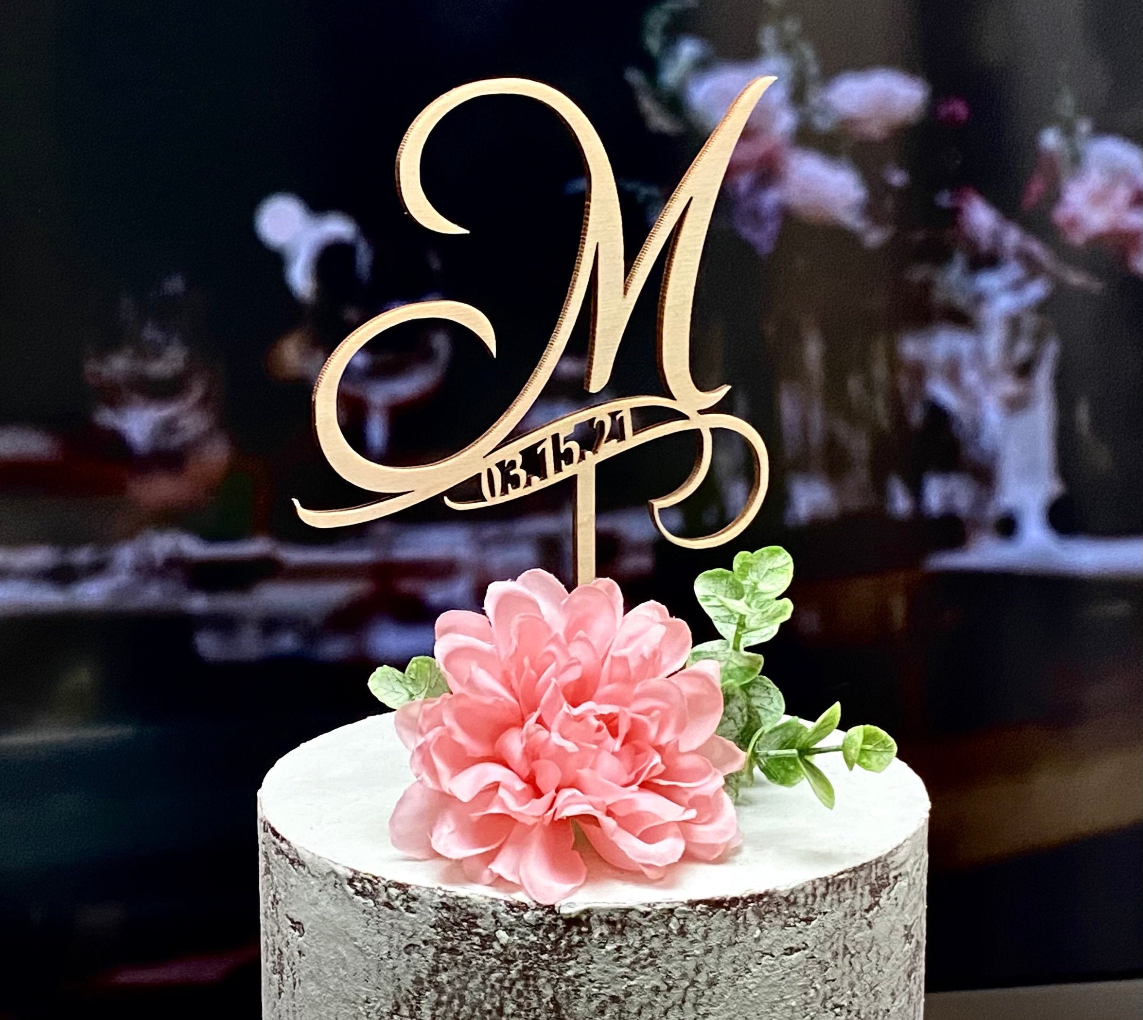 Monogram Wedding Cake Topper: Initial Letter with Date, Rustic Gold