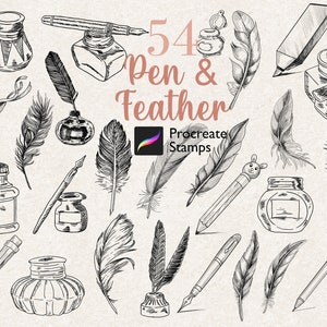 54 sellos de pluma y pluma procreados, sellos de pluma de pluma, sello de paquete de poema vintage, pincel de letra de escritura retro, sello de pluma y tintero