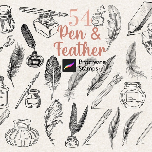 54 Procreate Pen & Feather Stamps, Feather Pen Stamps, Vintage Poem Bundle Stamp, Retro Handwriting Letter Brush, Feather and Inkwell Stamp