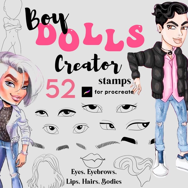 52 Procreate Boy Dolls Creator Stamps, Character Maker Stamp, Anime Doll Body Guides, Cartoon Maker Brush, Comics Hair Eyes Eyebrows Lips