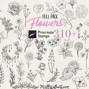 Procreate Flower Stamps Procreate Floral Botanical Tattoo Brush Procreate Hand Drawn Tattoo Stamp Peony Rose Procreate Wildflower Leaves