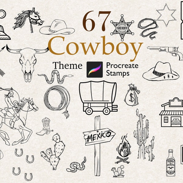 Procreate 67 Cowboy Stamps Brush Pack Wild West Tattoo Ink Western Rodeo Horse Sheriff Gun Wanted Gangster Cactus Hand Drawn Art Digital Set