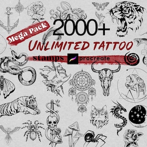 Procreate 2000+ Unlimited Tattoo Stamp Brush Witch Snake Skull Bones Flower Rose Tattoo Maker Stencil Gothic Art Digital Wings Crown Dragon