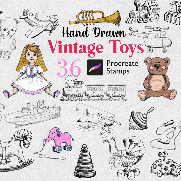 36 Procreate Vintage Toys Stamps, Toys Brushes, Procreate Old Game Stamps, Toys For Kids, Toys Coloring Pages, Cute Bear Funny Day For Child