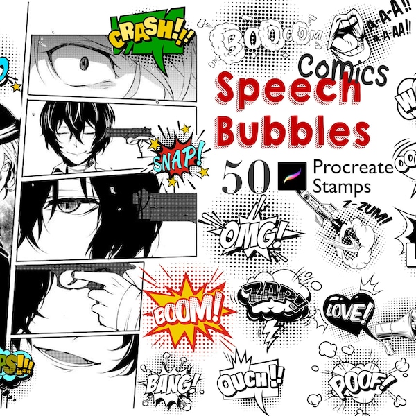 50 Procreate Comics Speech Bubbles Stamps Comics Book Maker Stamp Cartoon Speech Bubble Stamp Procreate Anime Manga Chibi Kawaii Brush