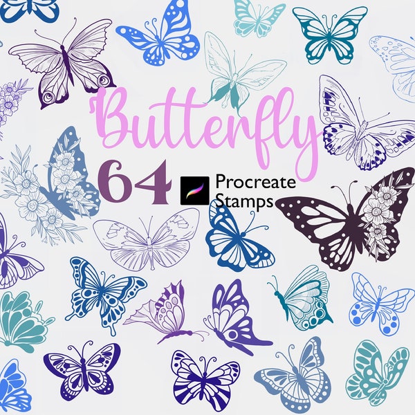 64 Procreate Butterfly Stamps Cute Butterfly Brushes Minimal Tattoo Stamp Beauty Animals Sweet Bundle Colorful Doodle Hand Drawn Art Digital