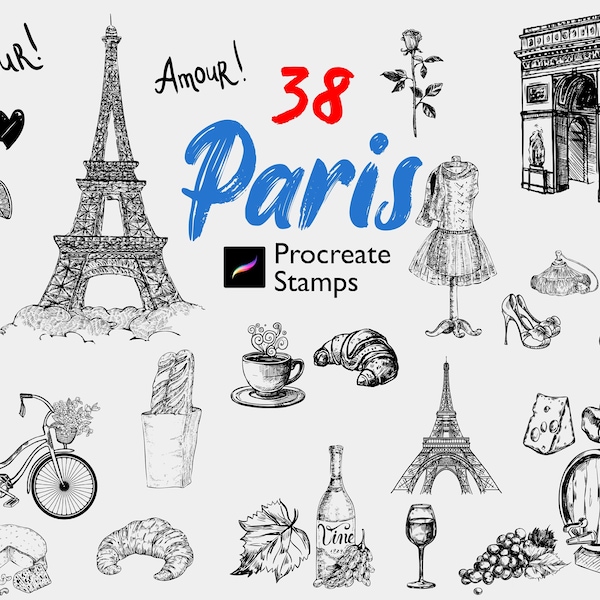 38 Procreate Paris Stamps Eiffel Tower Stamp French Dream Brush Fashion Precreate Wine Coffee Croissant Stamp Hand Drawn Art Digital Design