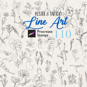 110 Procreate Line Art Stempel Blumen Pinsel Minimal Tattoo Stempel Procreate Frau Körper Yoga Posen Pinsel Pinsel Poster Modell Stempel Tier Floral