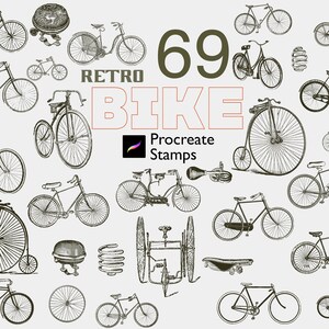 69 Procreate Bike Stamps, Vintage Bike Brushes, Procreate Retro Bikes Stamps, Vintage Bicycle Drawings Brushes, Procreate Old Bikes Bundle