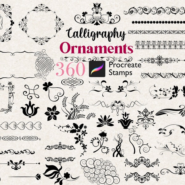 360 Procreate Calligraphy Ornaments Stamps Ornate Brushes Vintage Tattoo Stamp Traditional Flower Wreath Floral Motif Culture Abstract Shape