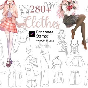 Más de 280 sellos de ropa de Procreate Sello de vestido de anime Sello de creador de personajes de Procreate Guía de moda Pincel Falda de niña de dibujos animados Jeans Sudadera con capucha Manga