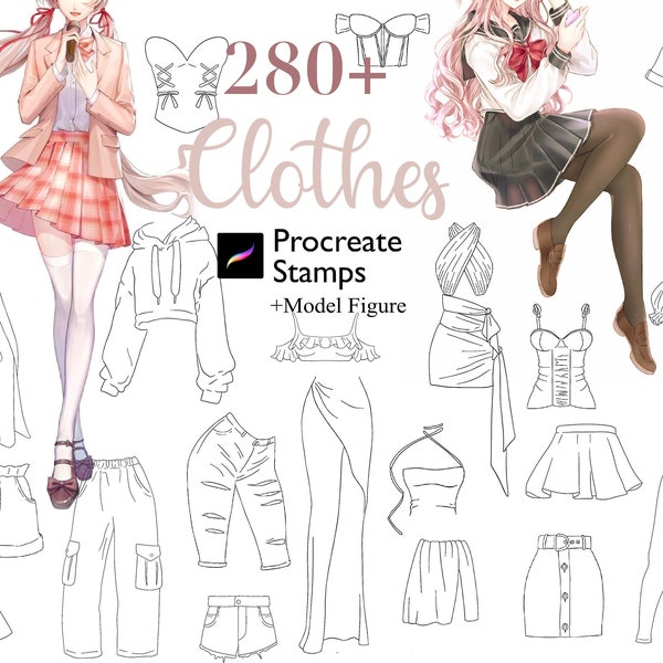 280+ Procreate Clothes Stamps Anime Dress Stamp Procreate Character Maker Stamp Fashion Guide Brush Cartoon Girl Skirt Jeans Hoodie Manga