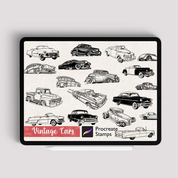 Procreate 30+ Vintage Car Stamp Brush Pack Classic Vehicle Passion Old Pickup Fantasy Race Drive Retro Rare Hand Drawn Design Art DigitalSet