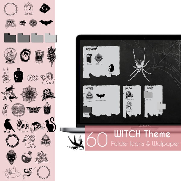 Witch Theme Wallpaper With Folder Icons Organizer For Mac & Windows Desktop Dark Gothic Horror Macbook Personal Gamer Home Office Work