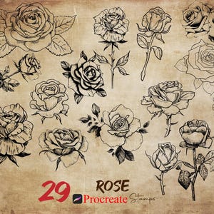 Procreate Rose Stamp Brush Set: Botanical Tattoo Design (29 Stamps) (Digital Download)