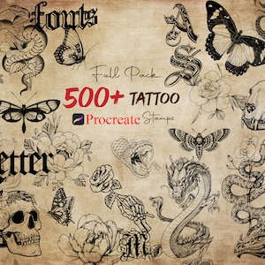 500+ Procreate Tattoo Stamps: Snake, Dragon, Skull, Lettering (Digital Download)