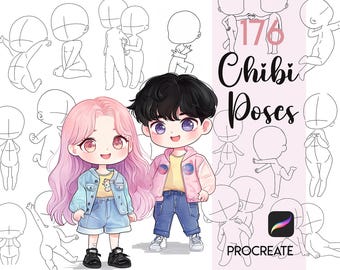 Procreate Chibi Poses Brushes : Chibi Base Stamp Kawaii Character Body Guides Figure Action Brush set