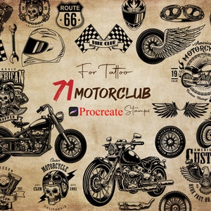 71 Procreate Motor Club Stamps, Biker Gangs Tattoo Stamp, Skull For Tattoo, Motorcycle Brushes, Motorcycle Team Bundle, Rider Tattoo Stamps