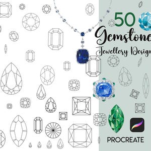 Può includere: Un'illustrazione digitale di 50 forme di pietre preziose per la progettazione di gioielli. L'immagine include una varietà di forme, tra cui rotonda, ovale, a goccia, smeraldo e quadrata. L'immagine include anche una collana con un ciondolo di pietra preziosa blu. Il testo "50 Gemstone Jewellery Design" e "Procreate" è anche incluso nell'immagine.