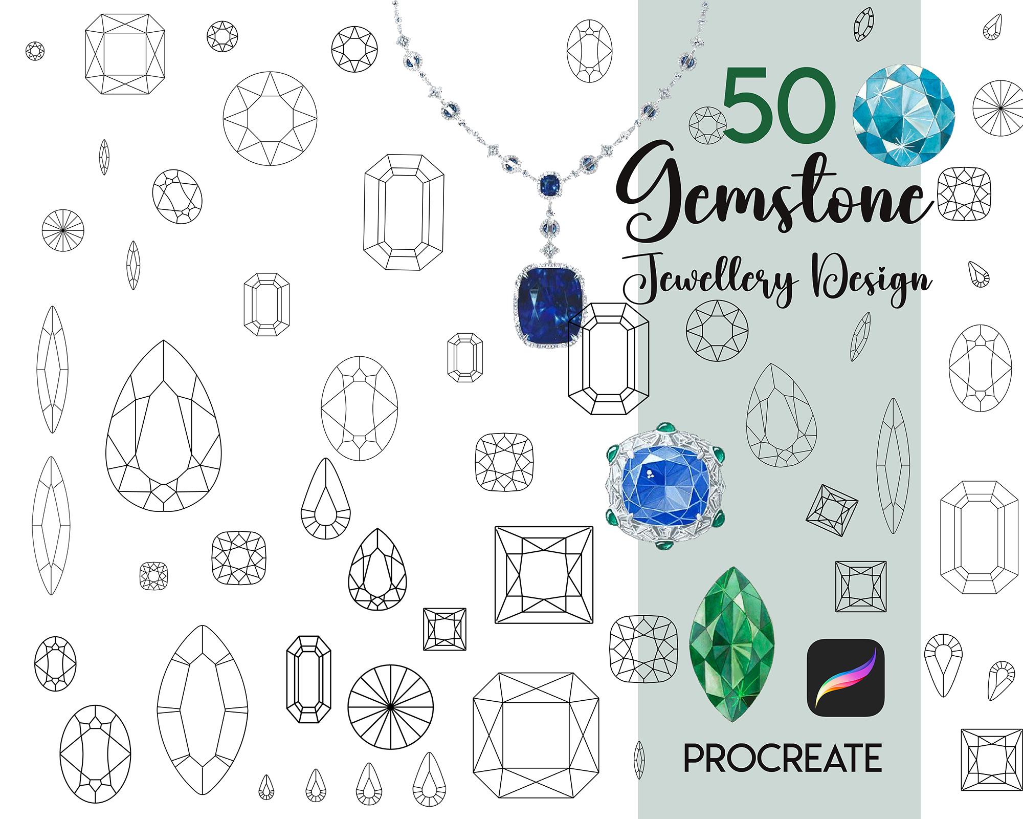 Pinceles sello de gemas para Procreate – Guías de joyería con 50 diamantes, cristales, esmeraldas y rubíes