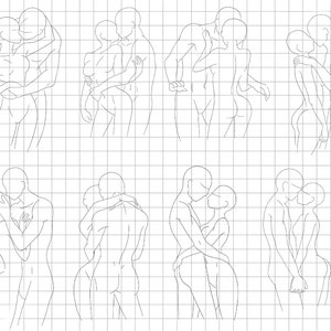 May include: Line drawing of eight different poses of two people embracing each other. The drawings are on a gridded background.