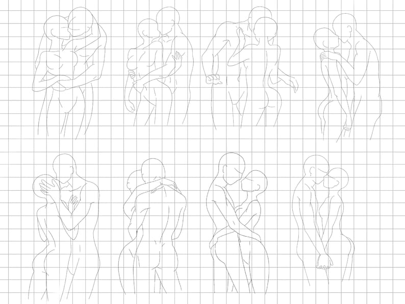May include: Line drawing of eight different poses of two people embracing each other. The drawings are on a gridded background.
