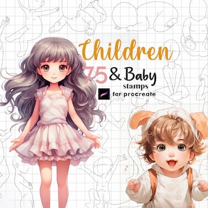 75 Procreate Figuras Infantiles Sellos Bebé Poses Sello Niño Pincel Creador de Personajes Guía del Cuerpo Infantil Niños Dibujo Anime Comics Manga Figura