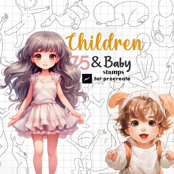 75 Procreate Children Figures Stamps Baby Poses Stamp Toddler Brush Character Maker Child Body Guide Kids Drawing Anime Comics Manga Figure