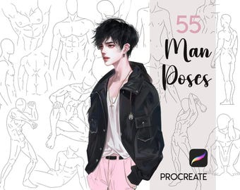 Procreate Male Pose Stamps | 55 Anime Man Body Manga Figure Brushes