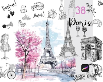 Peut inclure: Une illustration numérique de monuments et symboles parisiens, dont la tour Eiffel, l'Arc de Triomphe, une baguette, du vin et un cerisier en fleurs. Le texte "38 Paris" est présenté dans l'image.