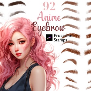 May include: 92 Anime Eyebrow Procreate Stamps. A set of 92 digital stamps featuring various anime eyebrow styles. The stamps are designed for use in the Procreate app.