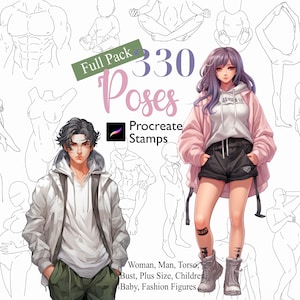 330 Procreate Poses Guías de cuerpo completo Sello Cuerpo de mujer Pose de hombre Torso Busto Figura de moda Niños Bebé Talla grande Pincel Creador de personajes de anime