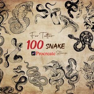 100 timbri Procreate a forma di serpente, serpenti per tatuaggi, serpenti realistici Procreate, timbri per tatuaggi Procreate, pennelli horror, pacchetto di timbri a forma di strega