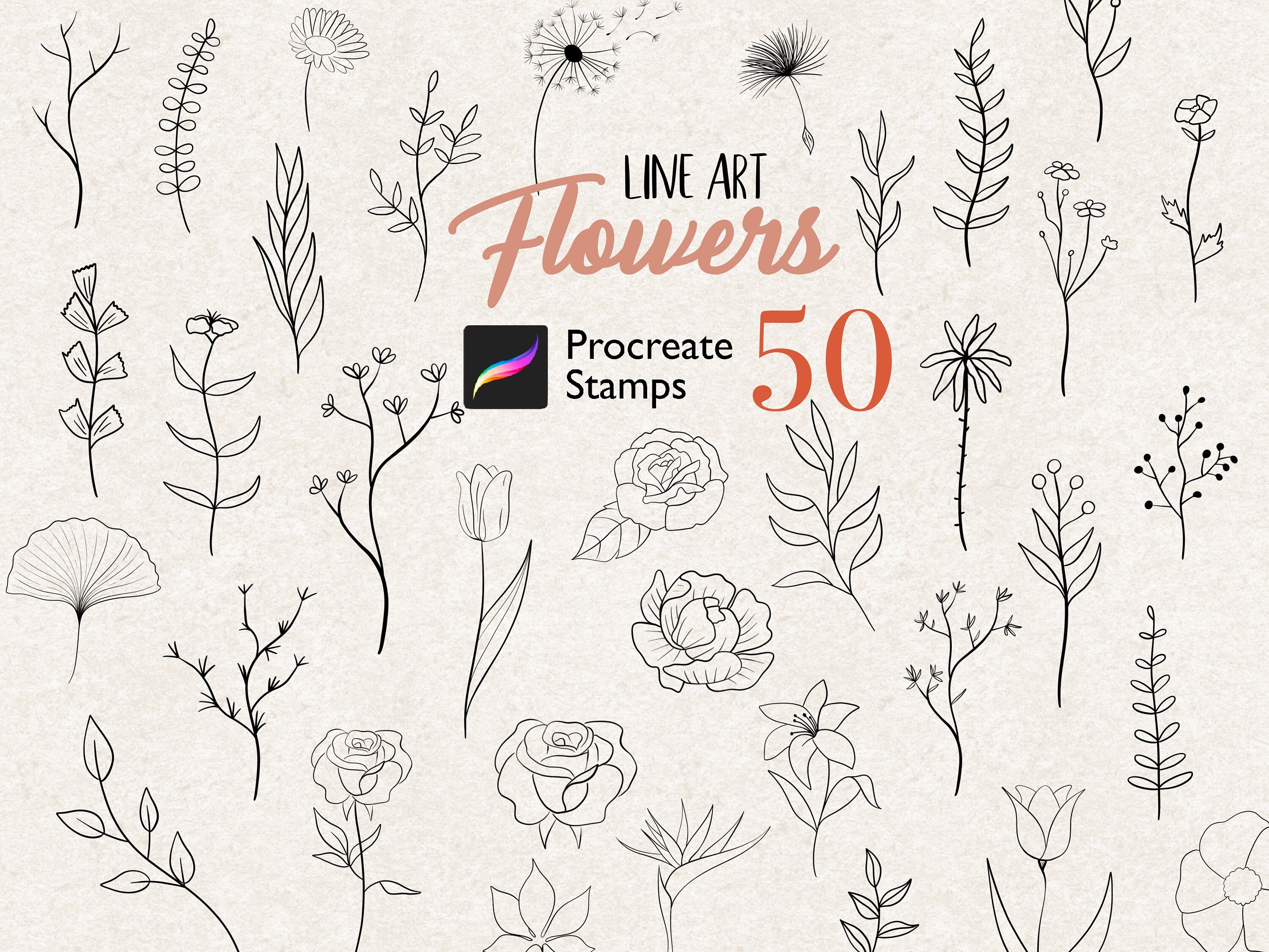 Digital Art & Collectibles Procreate 50 Floral Dream Stamps Brush Pack ...