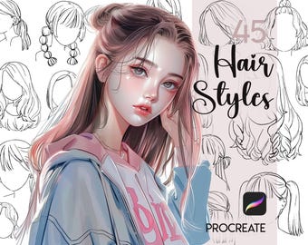 Procreate Anime-Mädchenfrisuren-Stempel | 45 Zeichenanleitungen für weibliche Frisuren