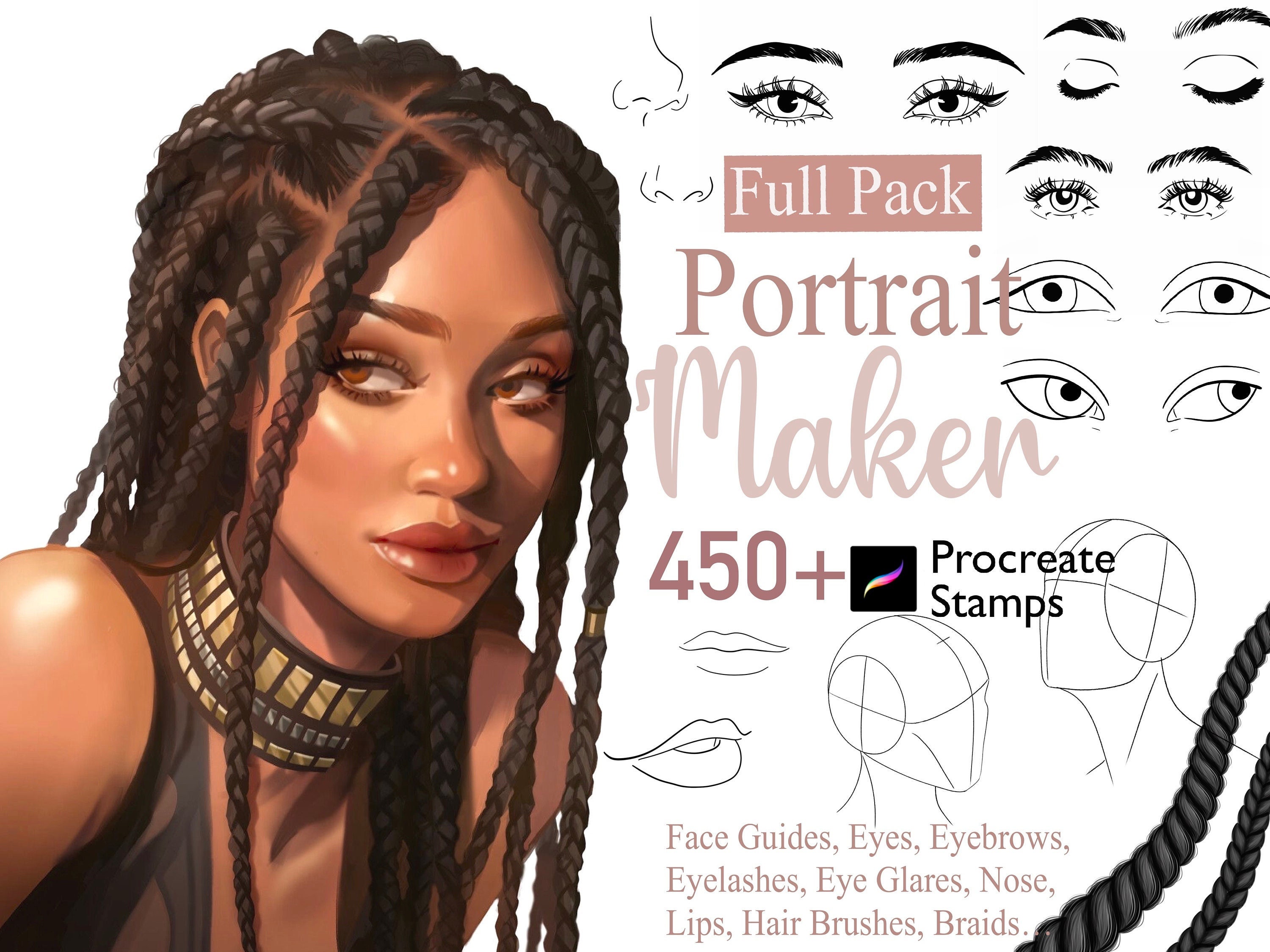 450+ Procreate Portrait Maker Stamps – Face Guides, Eyes, Brows, Lashes, Lips, Nose, Hair & Braids