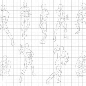 May include: Line drawing of eight male figures in various poses, drawn on a gridded background.